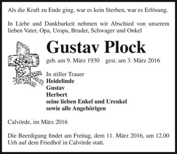 Traueranzeige von Gustav Plock  von Magdeburger Volksstimme