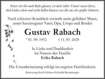 Traueranzeige von Gustav Rabach  von Magdeburger Volksstimme