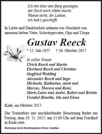Traueranzeige von Gustav Reeck  von Magdeburger Volksstimme