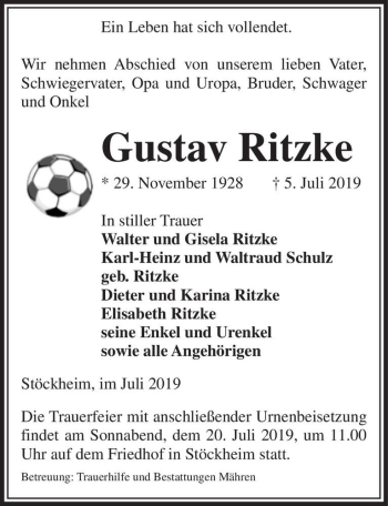 Traueranzeige von Gustav Ritzke  von Magdeburger Volksstimme