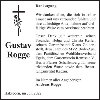 Traueranzeige von Gustav Rogge  von Magdeburger Volksstimme