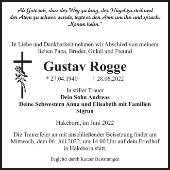 Traueranzeige von Gustav Rogge  von Magdeburger Volksstimme