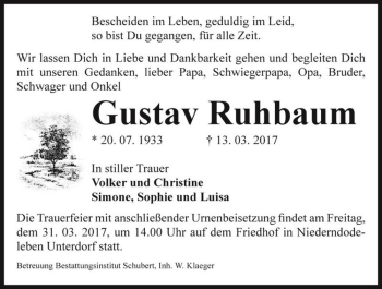 Traueranzeige von Gustav Ruhbaum  von Magdeburger Volksstimme