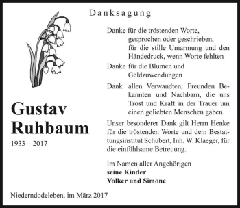 Traueranzeige von Gustav Ruhbaum  von Magdeburger Volksstimme