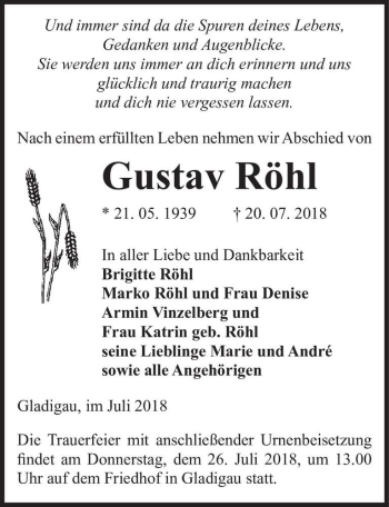 Traueranzeige von Gustav Röhl  von Magdeburger Volksstimme