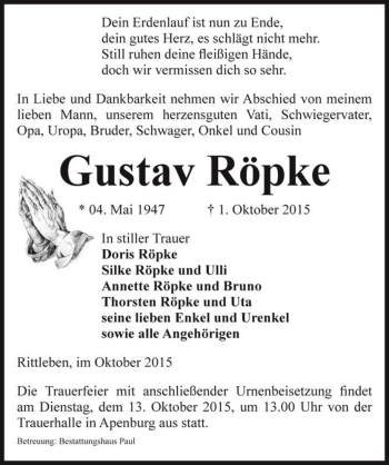 Traueranzeige von Gustav Röpke  von Magdeburger Volksstimme
