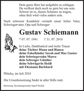 Traueranzeige von Gustav Schiemann  von Magdeburger Volksstimme