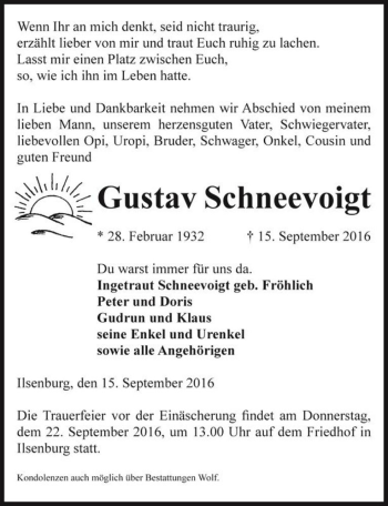 Traueranzeige von Gustav Schneevoigt  von Magdeburger Volksstimme
