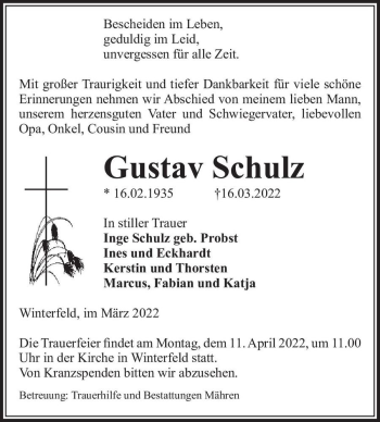 Traueranzeige von Gustav Schulz  von Magdeburger Volksstimme