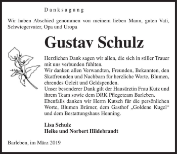 Traueranzeige von Gustav Schulz  von Magdeburger Volksstimme