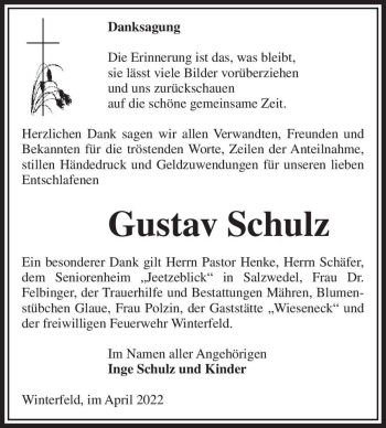 Traueranzeige von Gustav Schulz  von Magdeburger Volksstimme