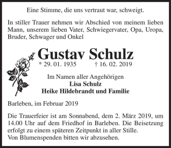 Traueranzeige von Gustav Schulz  von Magdeburger Volksstimme