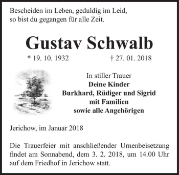 Traueranzeige von Gustav Schwalb  von Magdeburger Volksstimme