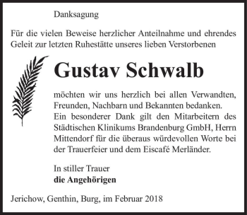 Traueranzeige von Gustav Schwalb  von Magdeburger Volksstimme