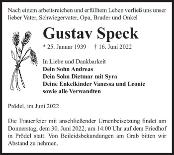 Traueranzeige von Gustav Speck  von Magdeburger Volksstimme