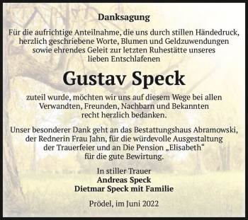 Traueranzeige von Gustav Speck  von Magdeburger Volksstimme