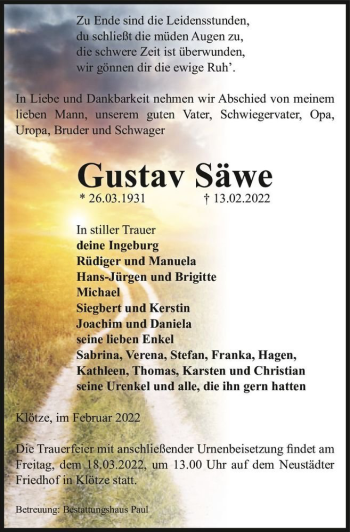 Traueranzeige von Gustav Säwe  von Magdeburger Volksstimme