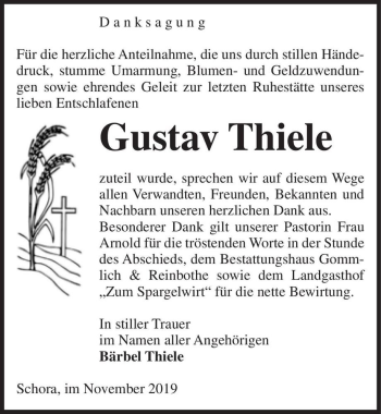 Traueranzeige von Gustav Thiele  von Magdeburger Volksstimme
