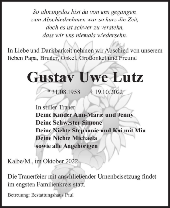 Traueranzeige von Gustav Uwe Lutz  von Magdeburger Volksstimme