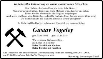 Traueranzeige von Gustav Vogeley  von Magdeburger Volksstimme