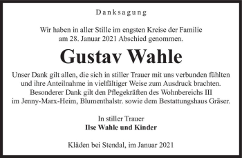 Traueranzeige von Gustav Wahle  von Magdeburger Volksstimme