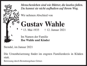 Traueranzeige von Gustav Wahle  von Magdeburger Volksstimme