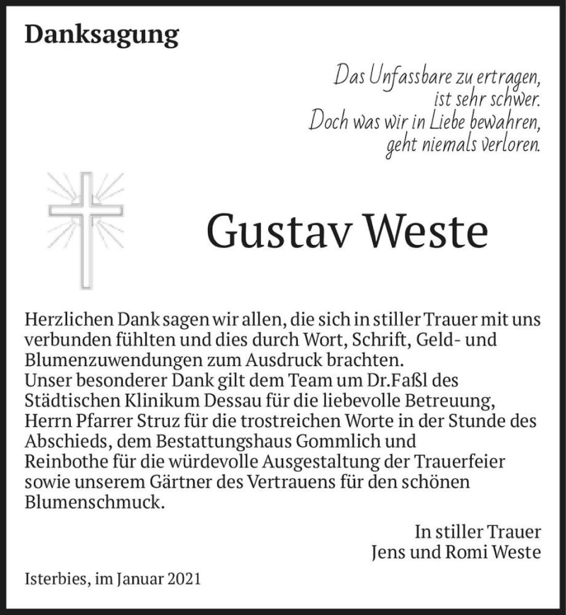  Traueranzeige für Gustav Weste  vom 30.01.2021 aus Magdeburger Volksstimme