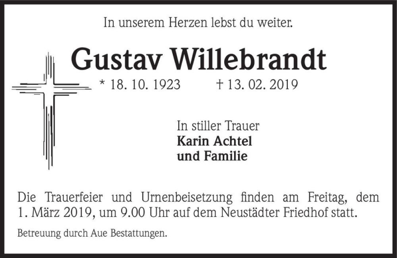  Traueranzeige für Gustav Willebrandt  vom 23.02.2019 aus Magdeburger Volksstimme
