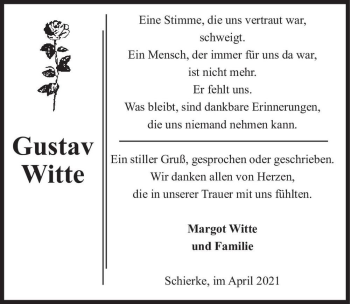 Traueranzeige von Gustav Witte  von Magdeburger Volksstimme