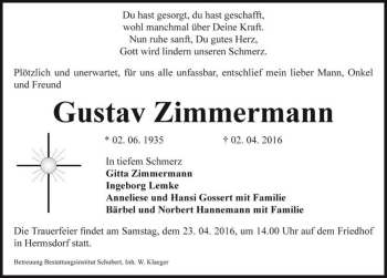 Traueranzeige von Gustav Zimmermann  von Magdeburger Volksstimme