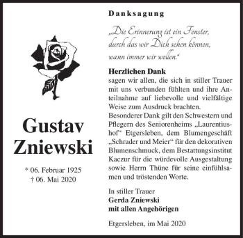 Traueranzeige von Gustav Zniewski  von Magdeburger Volksstimme
