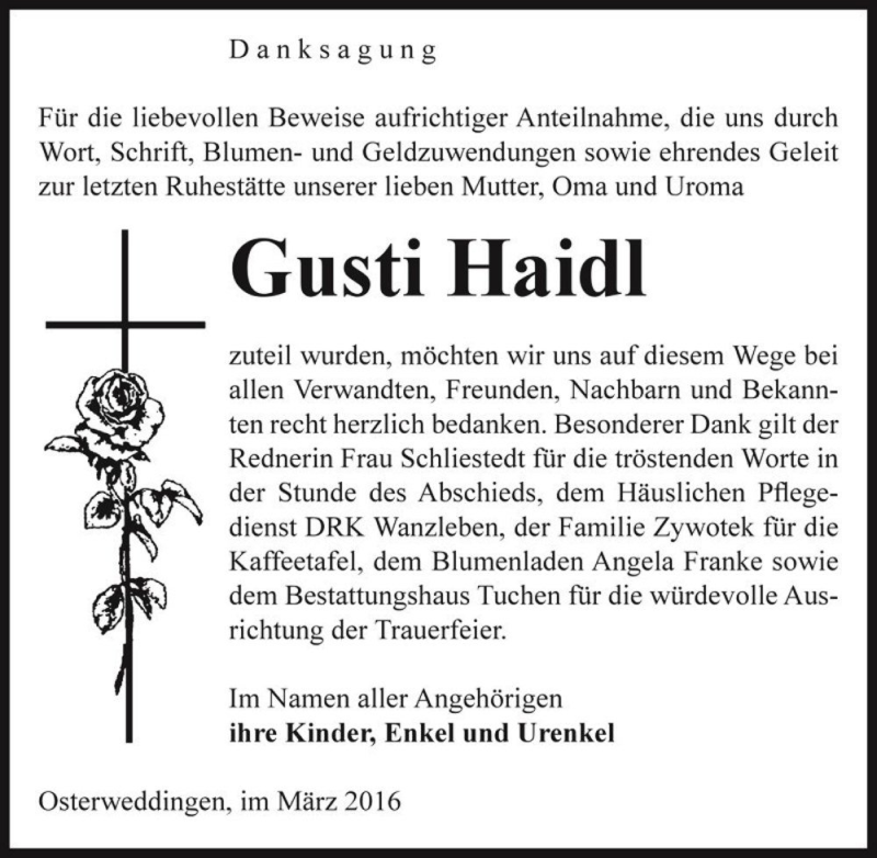  Traueranzeige für Gusti Haidl  vom 26.03.2016 aus Magdeburger Volksstimme