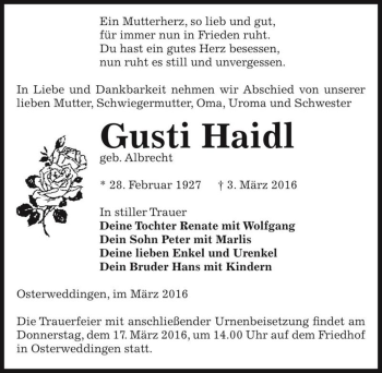Traueranzeige von Gusti Haidl  von Magdeburger Volksstimme