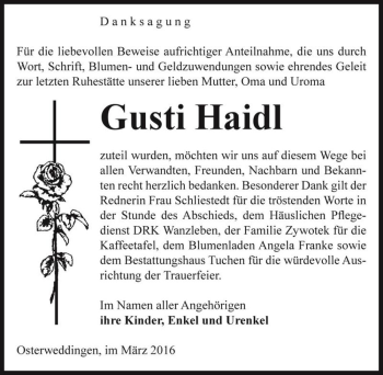 Traueranzeige von Gusti Haidl  von Magdeburger Volksstimme
