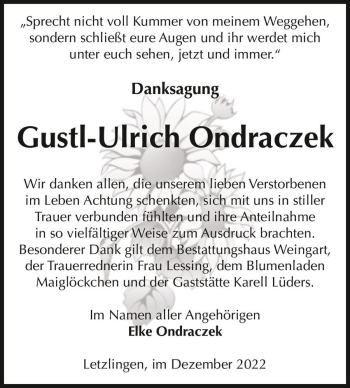 Traueranzeige von Gustl-Ulrich Ondraczek  von Magdeburger Volksstimme