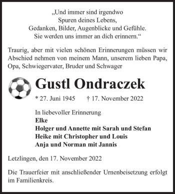 Traueranzeige von Gustl Ondraczek  von Magdeburger Volksstimme