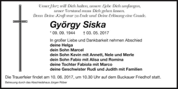 Traueranzeige von György Siska  von Magdeburger Volksstimme