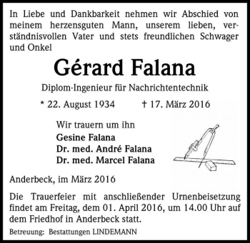 Traueranzeige von Gérard Falana  von Magdeburger Volksstimme