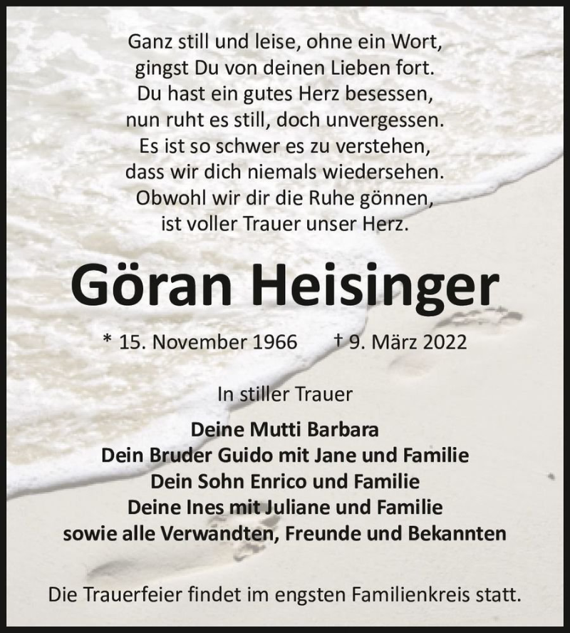  Traueranzeige für Göran Heisinger  vom 19.03.2022 aus Magdeburger Volksstimme