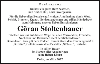 Traueranzeige von Göran Stoltenbauer  von Magdeburger Volksstimme