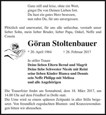 Traueranzeige von Göran Stoltenbauer  von Magdeburger Volksstimme