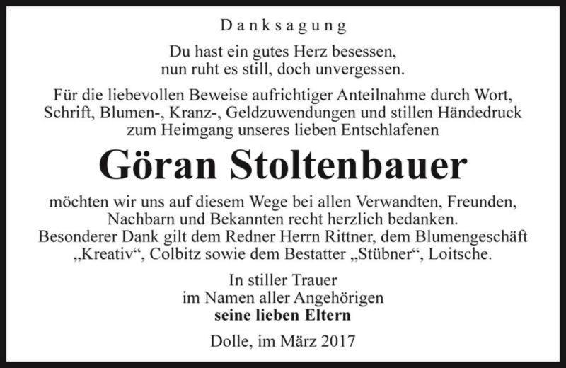  Traueranzeige für Göran Stoltenbauer  vom 01.04.2017 aus Magdeburger Volksstimme