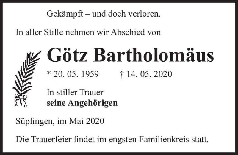  Traueranzeige für Götz Bartholomäus  vom 23.05.2020 aus Magdeburger Volksstimme