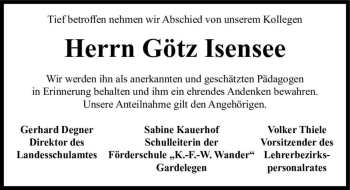 Traueranzeige von Götz Isensee  von Magdeburger Volksstimme
