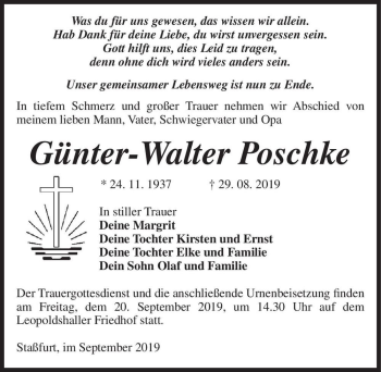 Traueranzeige von Günter-Walter Poschke  von Magdeburger Volksstimme
