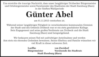 Traueranzeige von Günter Abel  von Magdeburger Volksstimme