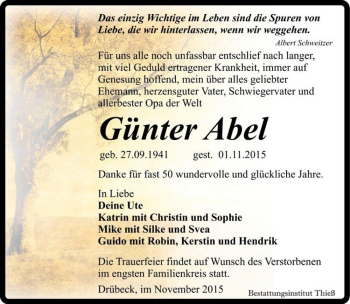 Traueranzeige von Günter Abel  von Magdeburger Volksstimme