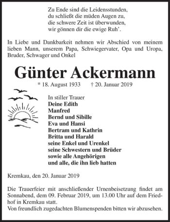 Traueranzeige von Günter Ackermann  von Magdeburger Volksstimme