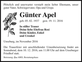 Traueranzeige von Günter Apel  von Magdeburger Volksstimme