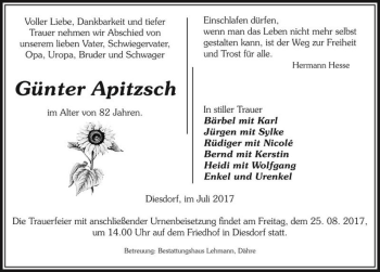 Traueranzeige von Günter Apitzsch  von Magdeburger Volksstimme